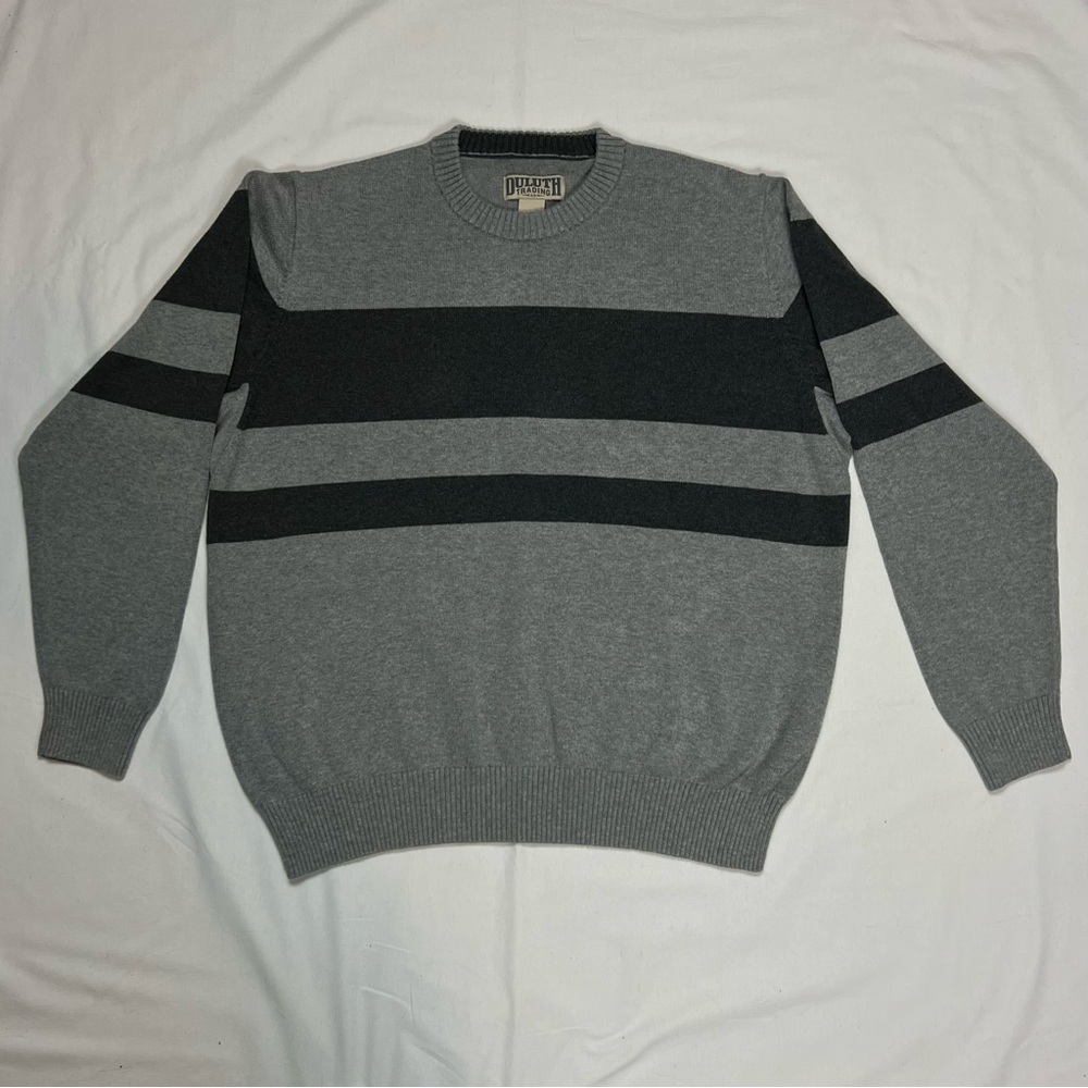 DULUTH TRADING CO Crewneck Sweater Mens Large Knit Pullover Gray/Charcoal Stripe